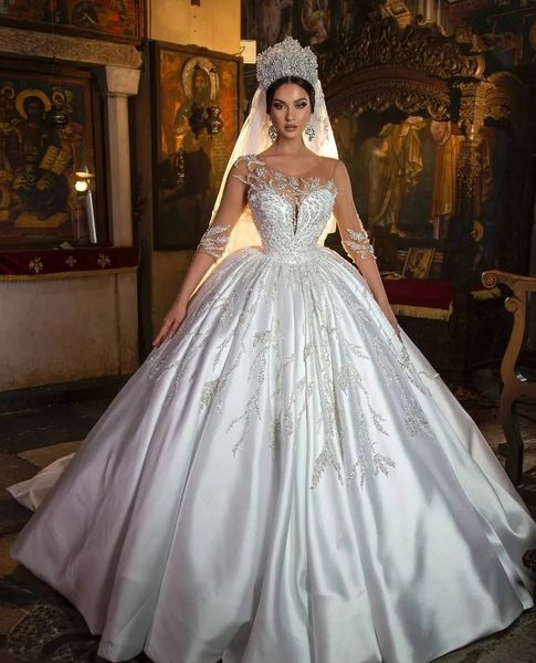 2024 Lüks Saten Gelinlik Sevgilim İllüzyon Kolları Boncuk Dantel Yukarı Suudi Arap Prenses Gelin Gowns Vestidos de Novias