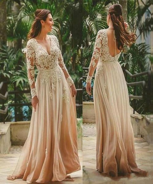 Elegante chiffon madre della sposa abiti a maniche lunghe abito in pizzo per la madre sposa estate matrimonio profondo scollo a V abito da ballo sulla schiena bassa9155925