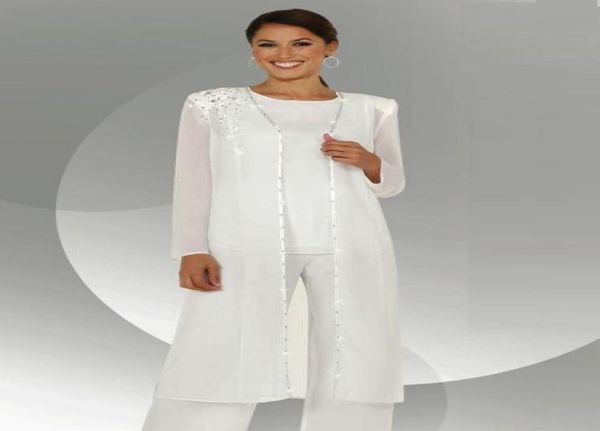 Branco chiffon mangas compridas mãe da noiva calça ternos com blusa longa lantejoulas frisado mãe do noivo vestido52429864981500