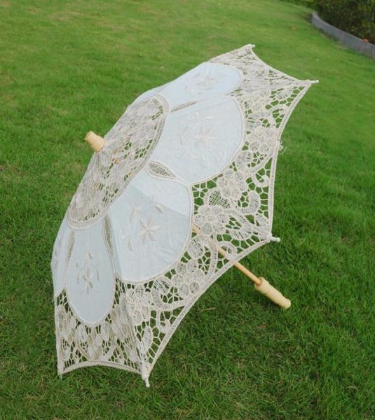 Sonnenschirme Hochzeit Spitze Regenschirm Baumwolle Stickerei Braut Weiß Beige Sonnenschirm Sonne für Dekoration Pography3594376