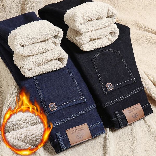 Inverno quente lã jeans homens em linha reta estiramento grosso casual calças jeans térmicas masculino negócios trabalho calças roupas masculinas 240117