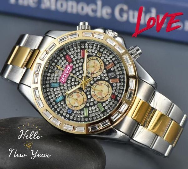 Sub quadranti da lavoro Orologi da uomo Cronometro Movimento al quarzo Batteria Orologio Diamanti Anello Shinning Quadrante stellato Catena Specchio zaffiro Impermeabile ghiacciato Orologio super cool