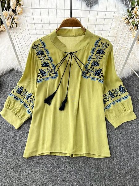 Damenblusen, Frühling, Sommer, Retro-Bluse, nationaler Stil, bestickt, mit Schnürung, Quaste, V-Ausschnitt, Tops, lockeres All-Match, weiblich, Blusa, G08