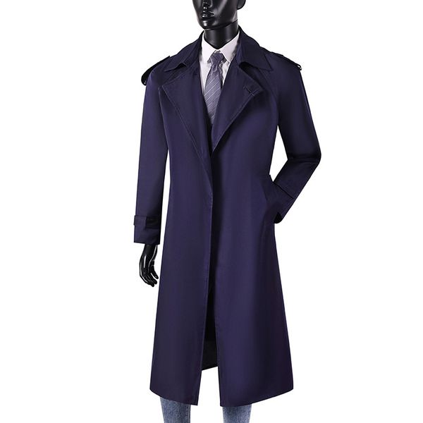 Trench coat masculino longo marinho primavera outono streetwear com cinto masculino blusão um botão clássico vintage M-6XL