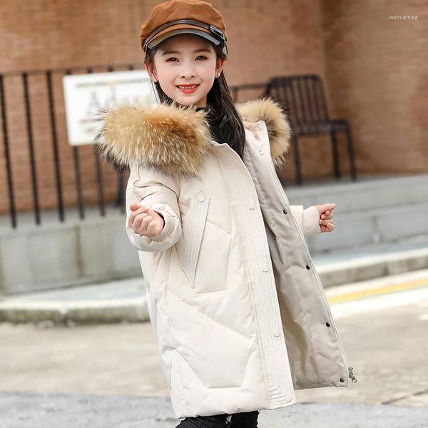 Пуховое пальто 2024, зима -30 градусов, детская парка для девочек, длинная куртка с заплатками из натурального меха, теплая, плотная, ветрозащитная, детский хлопок