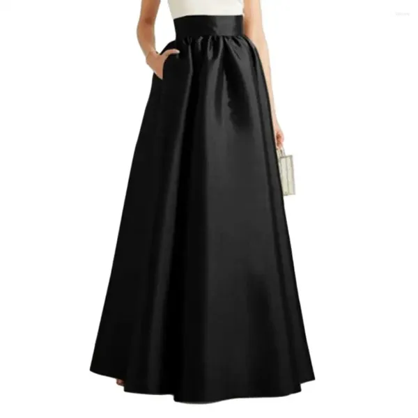 Saias de cintura alta saia elegante vintage cetim maxi com bolsos para mulheres a linha até o chão cor sólida oversized