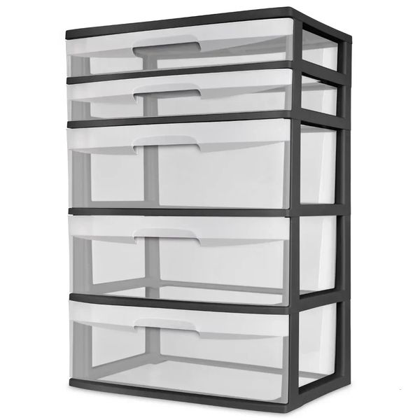 Sterilite Plastic 5 Drawer Wide Tower Black Clothes Organizer Storage Box Containers 240116