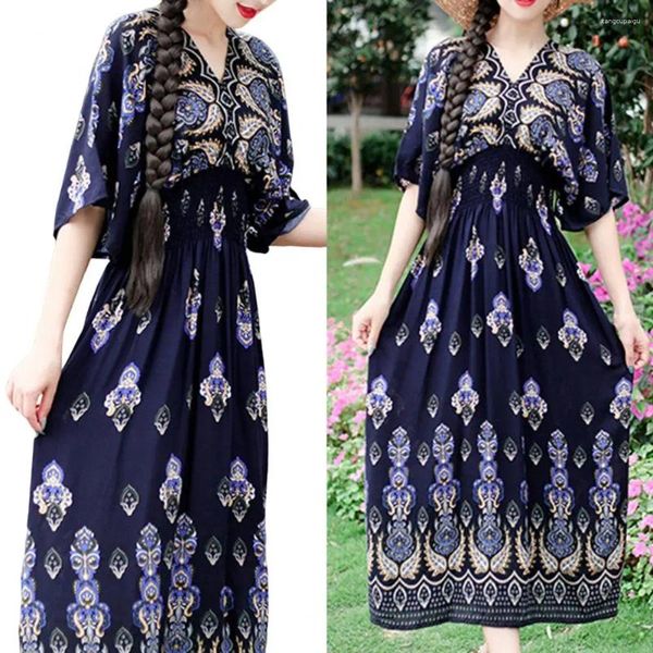 Casual Kleider Frauen Strand Kleid V-ausschnitt Gedruckt Enge Taille Halbarm Böhmischen Vintage Stil Ethnische Sommer Urlaub Dame