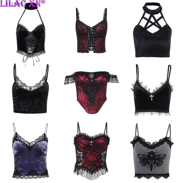 Blusas femininas Camisas Goth Cross Print Lace Bodycon Crop Tops Camis Sexy Y2K Estética Preto Vermelho Básico Espartilho Regata Roupas de verão para Mulheres Meninas YQ240117