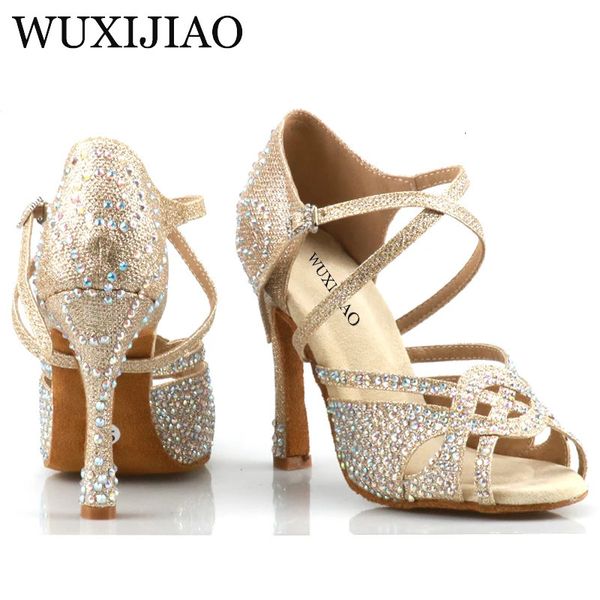 WUXIJIAO распродажа, женские золотые туфли для латинских танцев, стильная танцевальная обувь, уникальный дизайн, туфли для сальсы, сандалии с бриллиантами 240116