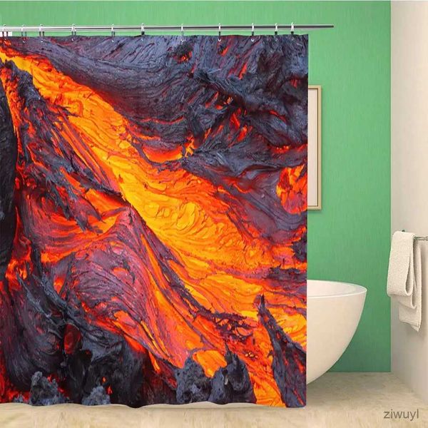 Duschvorhänge, gebranntes Orange, Duschvorhang, heiße Lava-Textur, platzendes vulkanisches, erhitztes Magma-Bild, warme farbige Stoff-Badezimmer-Dekor-Sets