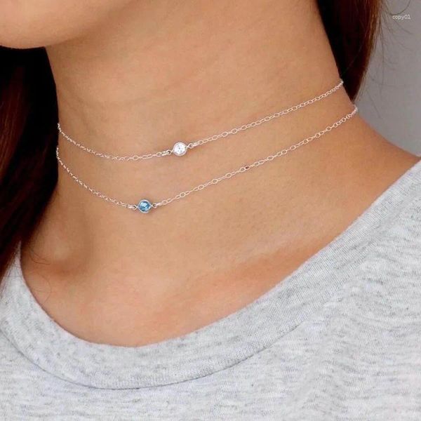 Ciondoli Minimo Delicato Argento Sterling 925 Singolo 3MM Lunetta Cz Cubic Zirconia Collana Girocollo a Catena Sottile per Le Donne