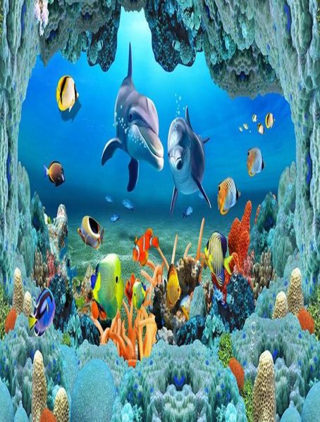 Tapete für Wände 3D Sea World Underwater Caves Dolphin Fish Flooring Bricks Badezimmertapete9863496