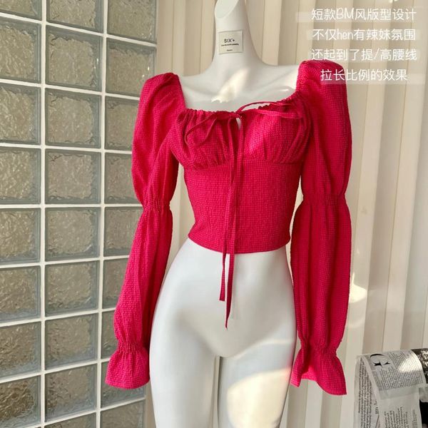 Camicette da donna Camicia Oxford in cotone casual 2024 Autunno Buona qualità Y2K Donna Camicetta e top Rose Red Bubble maniche Camicie Abbigliamento