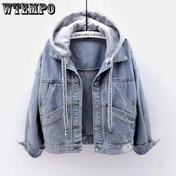 Damen Leder Kunstleder WTEMPO Frauen Gespleißter Kapuzenpullover Kordelzug Langarm Jeansmantel Button-Down Hoody Blau Schwarz Jean Frühling Herbst Outwear YQ240116