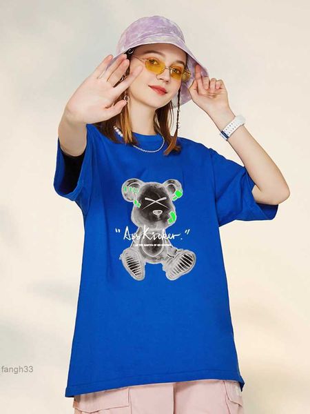 Verão bloco de construção urso violência maré marca rua hip hop solto manga curta meia camiseta roupas femininas