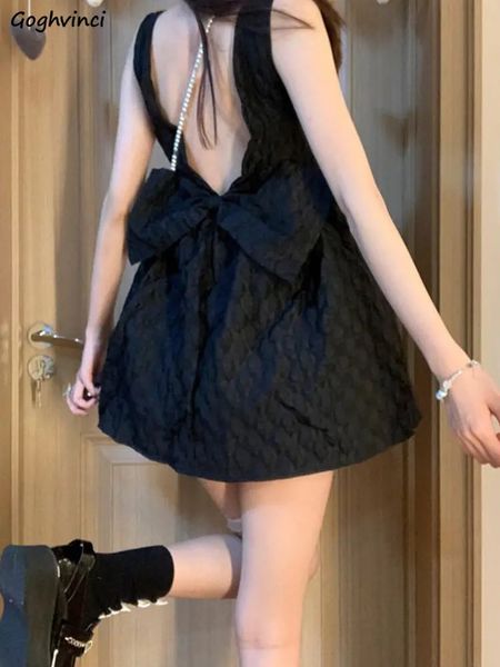 Schwarze Trägerkleider für Damen, Mini-rückenfrei, süßes Ballkleid, Prinzessin, modisch, solide, zarte Vestidos, mädchenhafter koreanischer Stil, schicke Teenager 240117