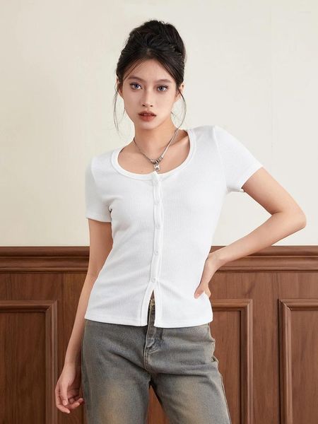 Camisetas femininas verão magro topos cor sólida com nervuras manga curta colher pescoço botão para baixo cardigan