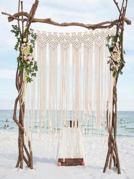 Boho decorações para festa de casamento po cabine pano de fundo algodão corda macrame parede pendurado boêmio praia borla cortina 115x100 cm3427652