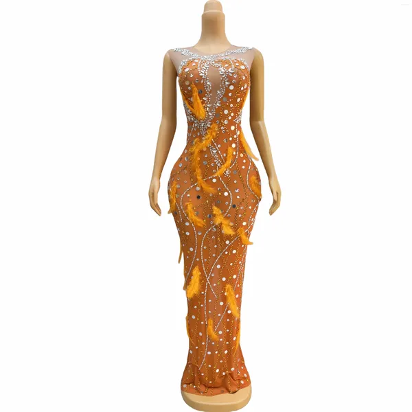 Palco desgaste piscando prata strass laranja pena vestido noite aniversário celebrar traje sem mangas sexy outfit chengcheng