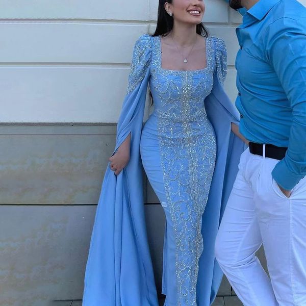 Serene Hill Blue Muslim Elegant Mermaid Cape Sleeves Abendkleider arabische Perlenkleider für Frauen Hochzeitsfeier LA72050 240116