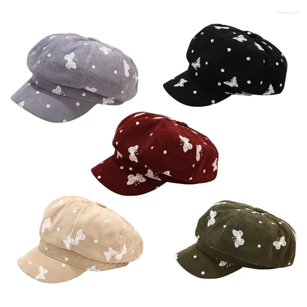 Berretti Donna Autunno Cappello da baseball ottagonale vintage britannico per visiera per pittore Sboy Cabbie con ricamo a farfalla