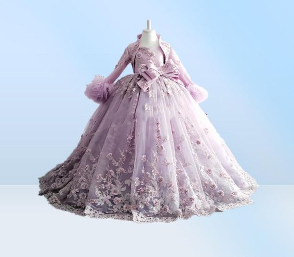 Lavanda frisado vestido de baile meninas pageant vestidos cintas espaguete princesa vestido da menina flor appliqued primeira comunhão dress8807134