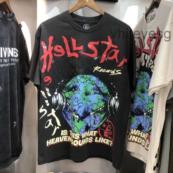 Erkek Tişörtler Vintage Hellstar Studios Tshirts Yıkanmış Hayalet Yüz Kulaklık Dünya Baskı Kısa Kollu Hiphop Street Büyük Boy T-Shirt Erkek Kadınlar 230621 C6VK