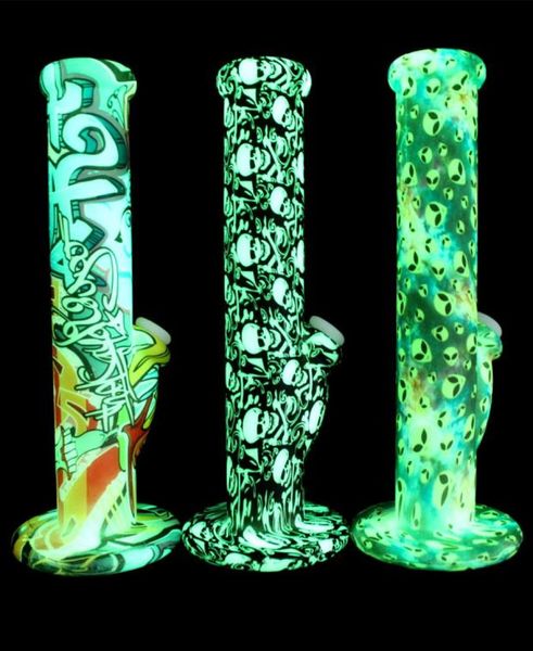 Glow In The Dark Bong in silicone 10quot Unbreakable Cool Pattern Alien Skull Flag Cera concentrata Erbe secche Tabacco da fumo Acqua5957875