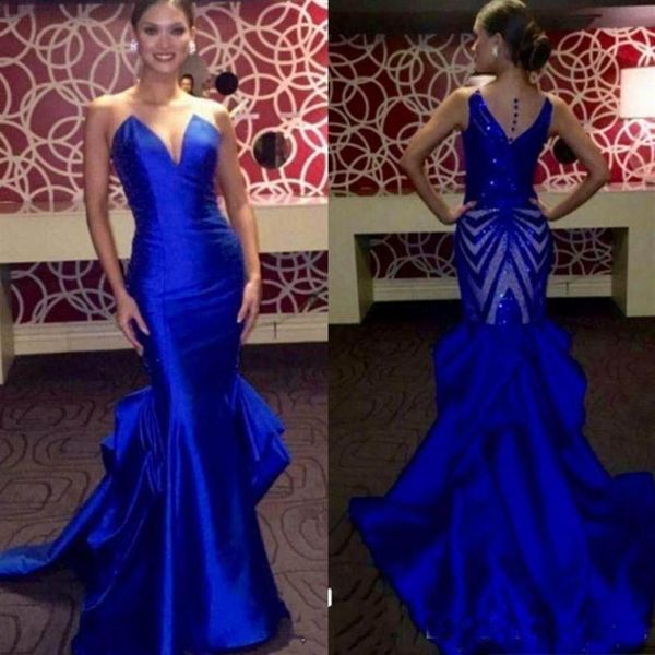 Elegante abito da sera blu royal lungo 2022 senza maniche in raso con sirena abiti da ballo con paillettes sul retro Miss USA Abiti da spettacolo per feste301b