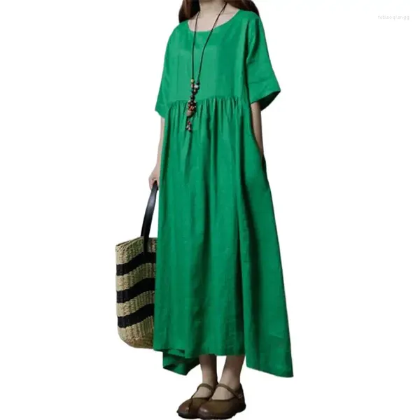 Повседневные платья, винтажное женское платье, короткое летнее пуловер с короткими рукавами, свободный халат из хлопка и льна, Vestidos Boho