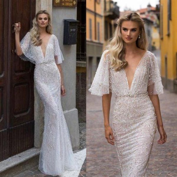 2020 Abiti da sposa Julie Vino Profondo scollo a V Manica corta Perline Perle Abiti da sposa a sirena in pizzo Sweep Train Abiti da sposa324r