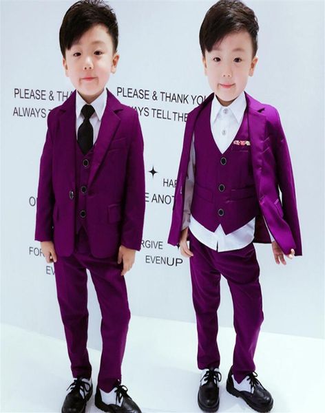 Сплошной фиолетовый детский пиджак, качественный свадебный костюм с цветочным узором для мальчика, комплект одежды для малышей, 4 части, куртка с галстуком, жилет, брюки, детский формальный костюм260P5885598