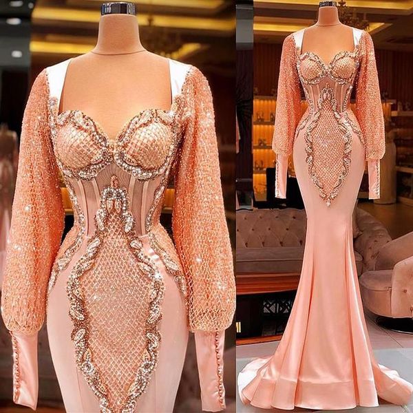 Plus Size Arabisch Aso Ebi Luxuriöse Meerjungfrau Sexy Ballkleider Pfirsichrosa Spitze Perlen Lange Ärmel Abend Formale Party Second Recep176z