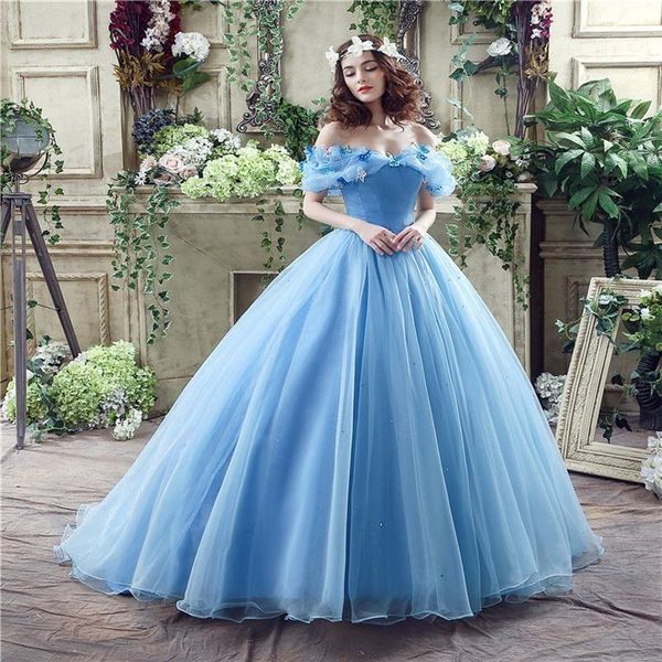 Abiti Quinceanera blu cielo abito da ballo abito da principessa lunghezza del pavimento fuori dalla spalla con farfalla 3d dolce 16 sedici abiti da ballo2917