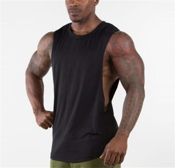 Brandneues schlichtes Tanktop für Herren, Fitnessstudios, Stringer, ärmelloses Hemd, offene Seiten, blanko, Fitnesskleidung, Baumwolle, Sportbekleidung, Muskelweste Y2010151805708