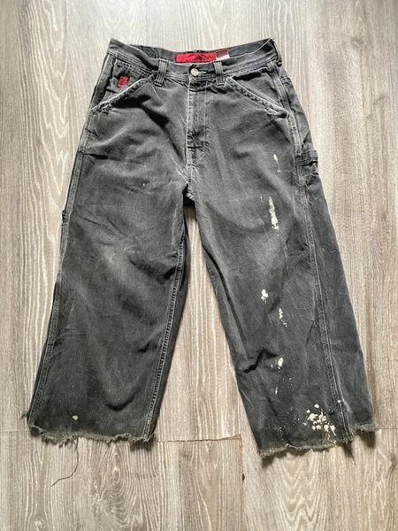 1990er-Jahre, leicht abgenutzte Cargo-Y2k-Jeans mit hoher Taille, gebleicht, abgeschnitten, weites Bein, Slouchy, Vintage-Schwarz, 240116