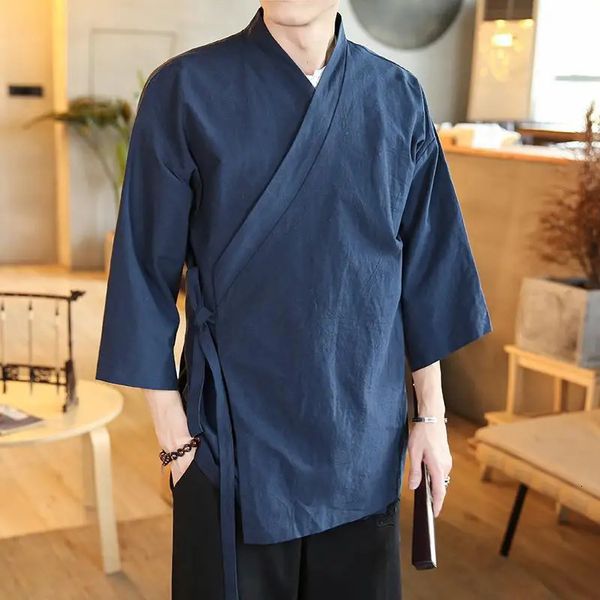 Plus Size 5XL 4XL Loose Fit giapponese Streetwear Kimono Camicia da uomo Tinta unita Manica 3/4 Cardigan estivo XXXXXL Camicia maschile 240117