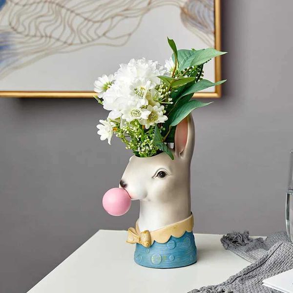 Vasi Creativo moderno Testa di animale Resina Vaso succulento Vaso di fiori Dipinto a mano Giraffa Zebra Panda Che soffia bolle Busto di animali Figura YQ240117
