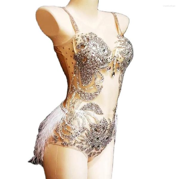 Stage Wear Diamanti brillanti Donna Halter Body senza maniche Piuma bianca Sera Prom Party Body di lusso Nightclub Cantante Costume da ballo