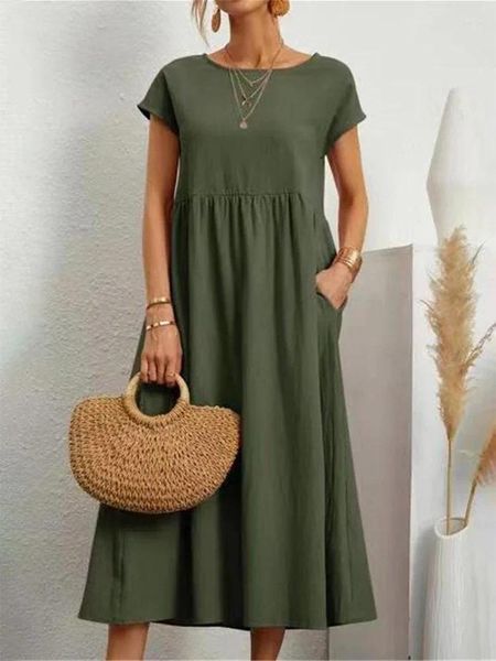 Casual Kleider 2024 Solide Ärmellose Vintage Midi Kleid Kurzarm Baumwolle Und Leinen Harajuku Übergroßen Lange Frauen Sommer