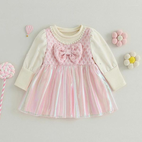 Abiti da ragazza Abito da bambina nato Principessa Dolce manica lunga Perle Fiocco Patchwork A-line Abito da ballo tutù autunno primavera per bambini