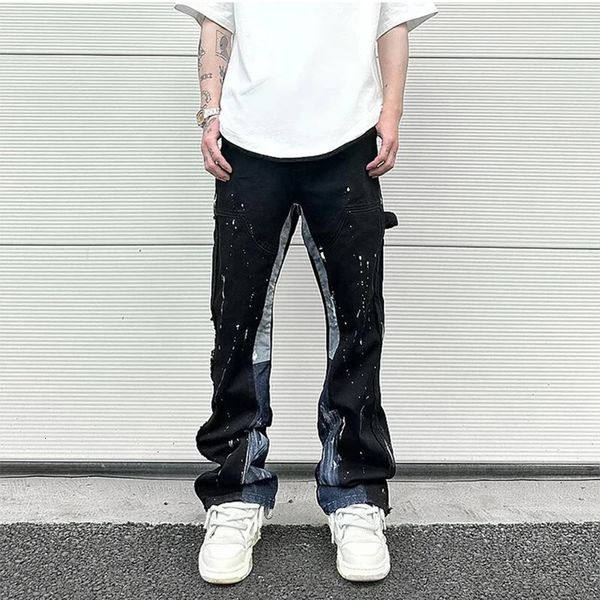 Hip Hop Kontrastfarbe Spliced Spot Ink Spray Micro Flared Jeans für Männer Straight Bag Y2K Denim Hose Übergroße Cargo 240117