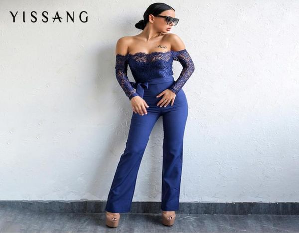 Yissang elegante fora do ombro rendas mulheres macacão preto manga longa cabido sexy macacão sem costas playsuit macacao feminino y19053404388