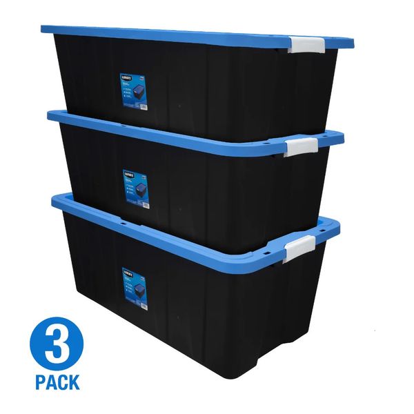 Recipiente de armazenamento de plástico de 40 galões preto com tampa azul conjunto de 3 240116