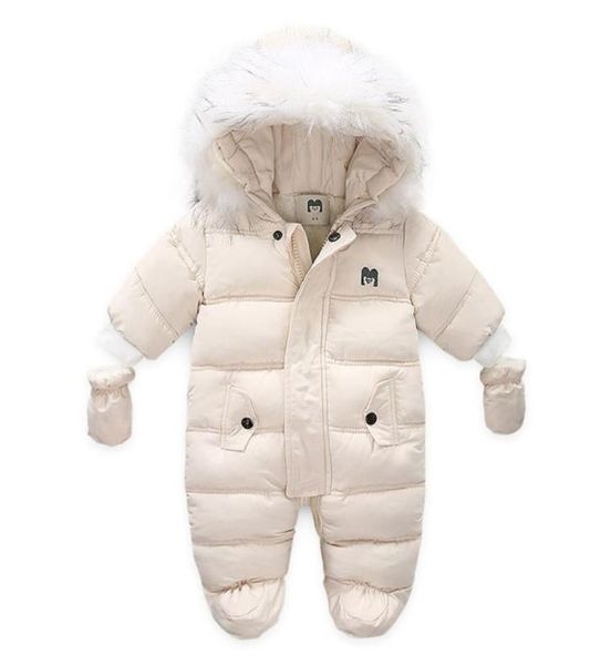 Bambini Tuta invernale Cappuccio di pelliccia Neonata Ragazzo Tuta da neve Russo Inverno Infantile Capispalla Ovealls Bambino Pagliaccetti spessi con guanti LJ7349478