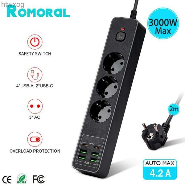 Plugue do cabo de alimentação UE 3AC Tomada Power Strip 3000W com cabo de extensão de 2m Portas USB Tipo C Soquetes elétricos Protetor contra surtos Adaptador de carregamento YQ240117