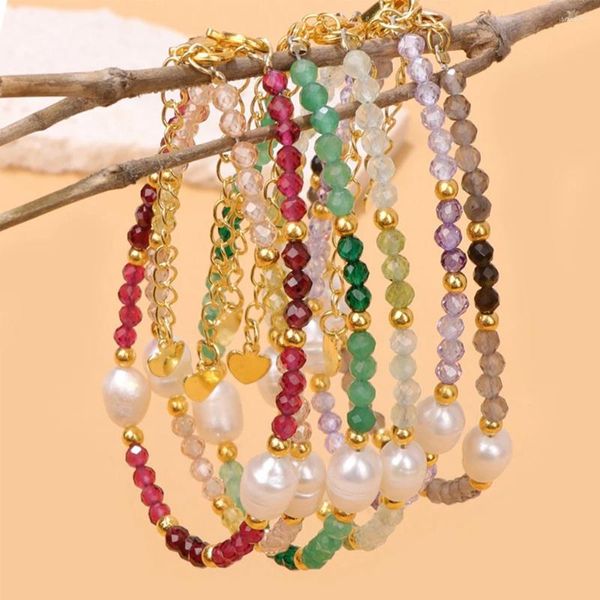 Link Armbänder 3mm Naturstein Facettierte Perlen Armband Weiße Süßwasserperle Spacer Charme Für Frauen Weibliche Armreif Schmuck