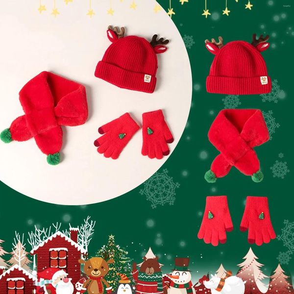 Baskenmütze Mütze Wollhandschuhe Baby Niedlicher Anzug Schal Dreiteiliges Weihnachtsset Kindersamt