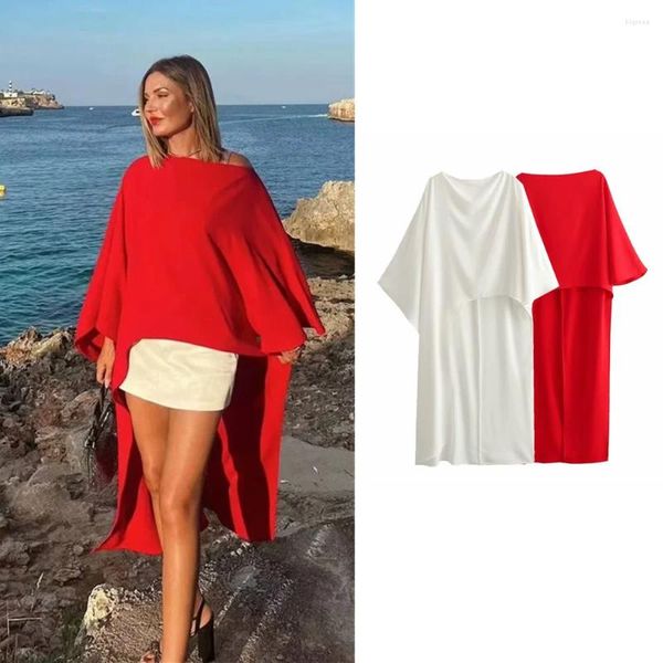 Женские блузки, осенняя повседневная свободная красная высококачественная длинная рубашка в стиле накидки с асимметричным дизайном 7627117